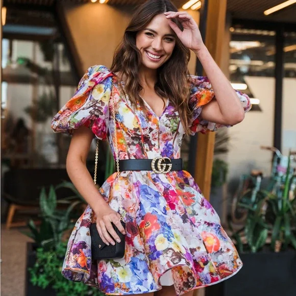 Zimmermann Prima Belted Floral Puff-Sleeve Linen and Silk V-Neck Mini Dress - Picture 2 of 6